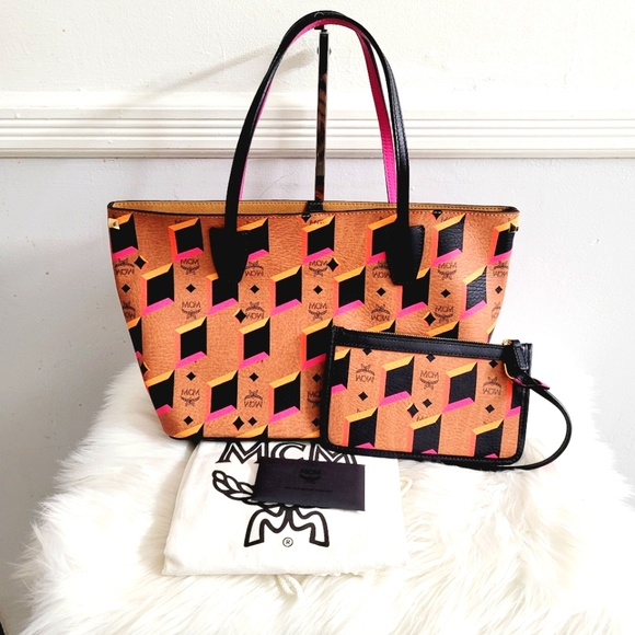 MCM Diamond Printed Small Tote - Cognac